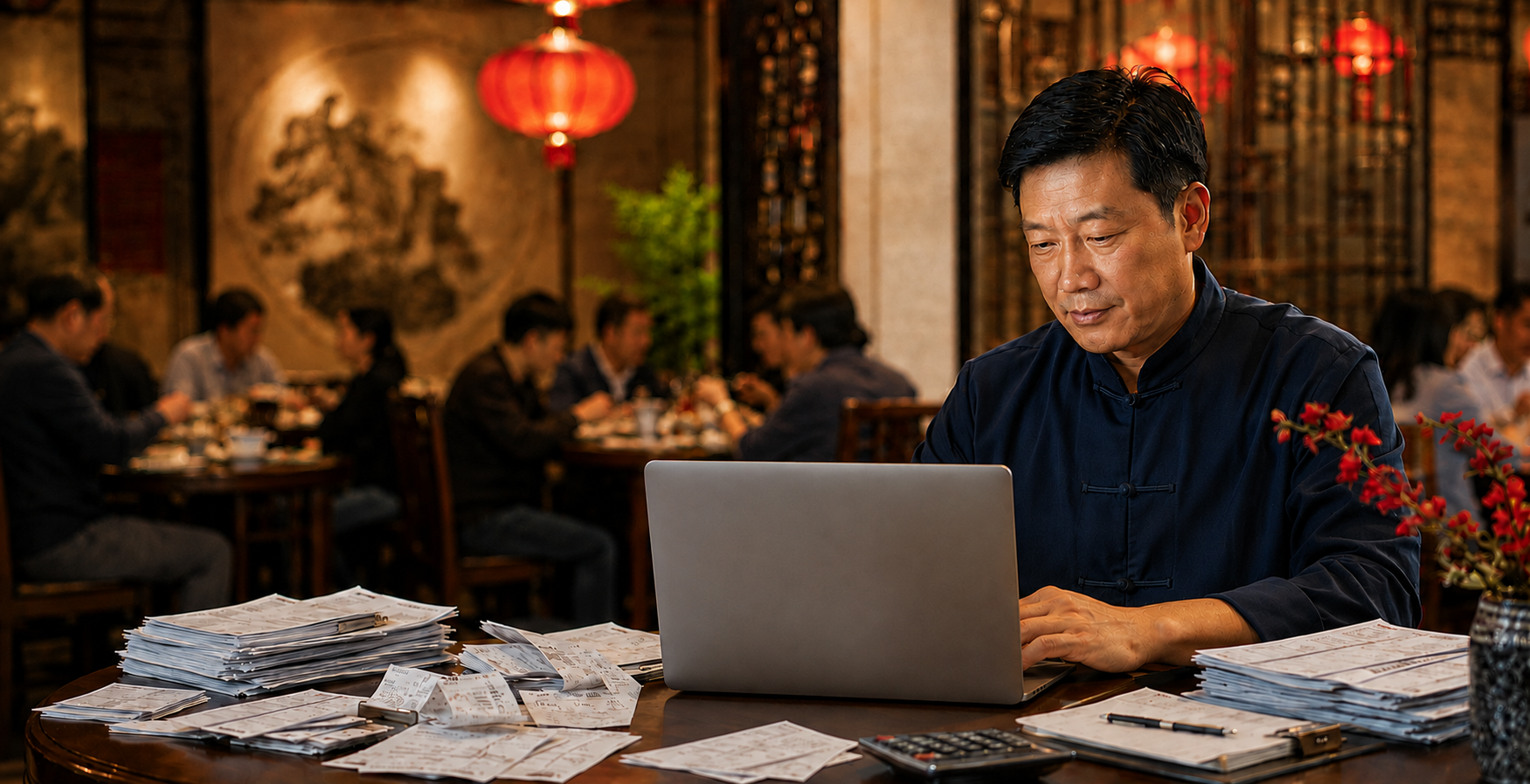 Chinese restaurant manager reviewing expenses on a laptop at a restaurant table