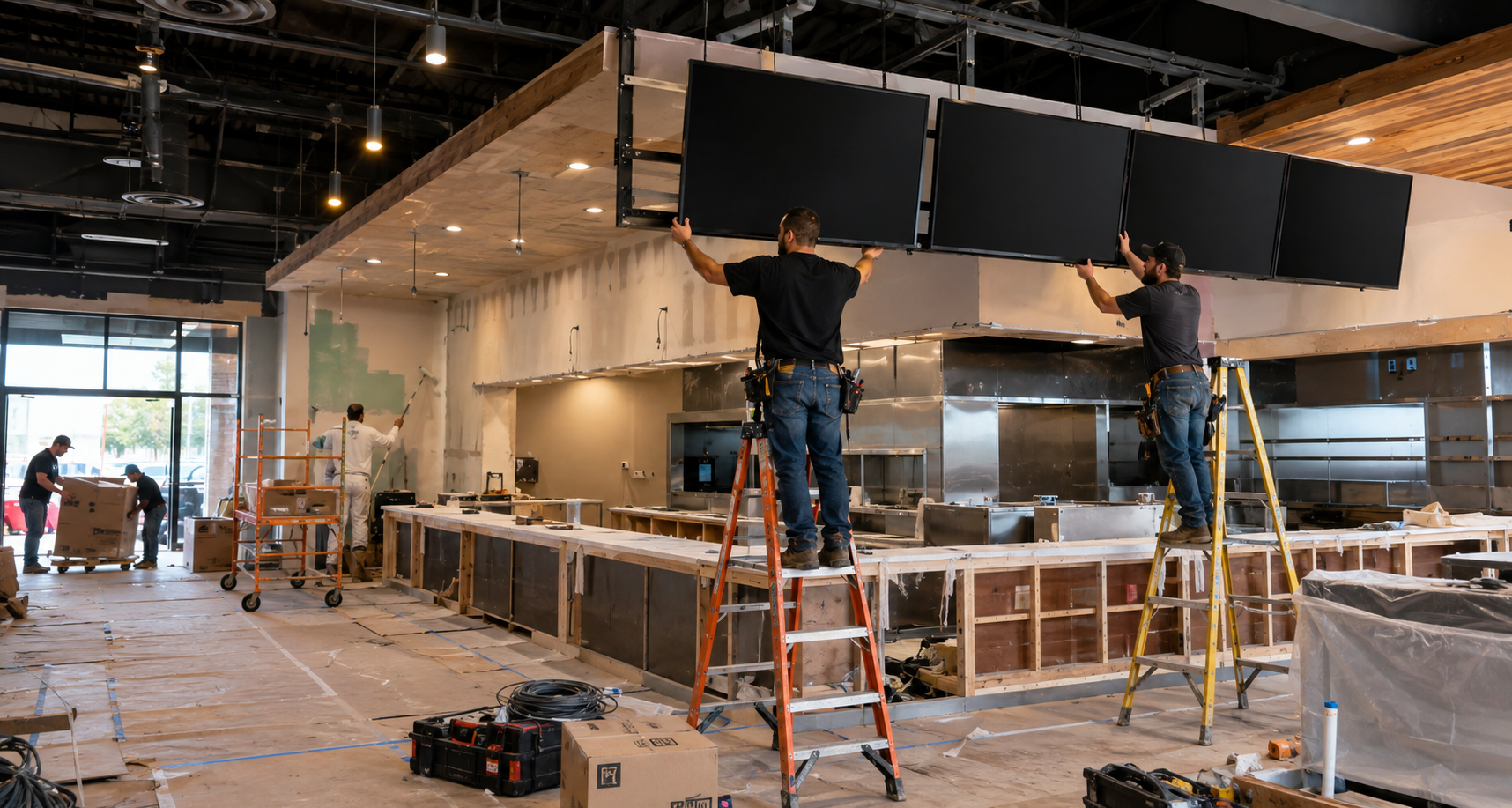 Restaurant under construction with installers mounting blank digital signage screens
