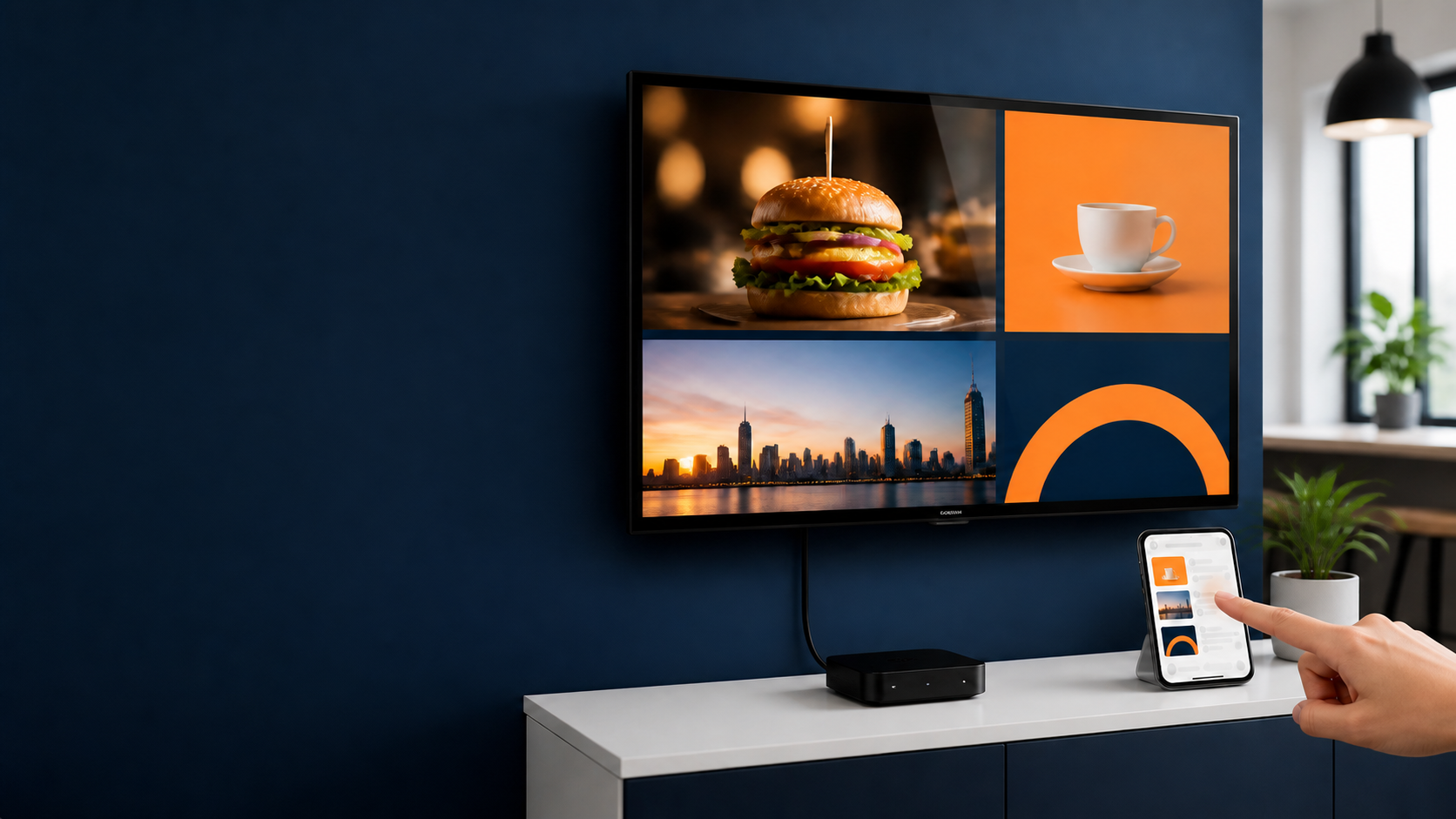 Complete digital signage setup with TV, player, and phone