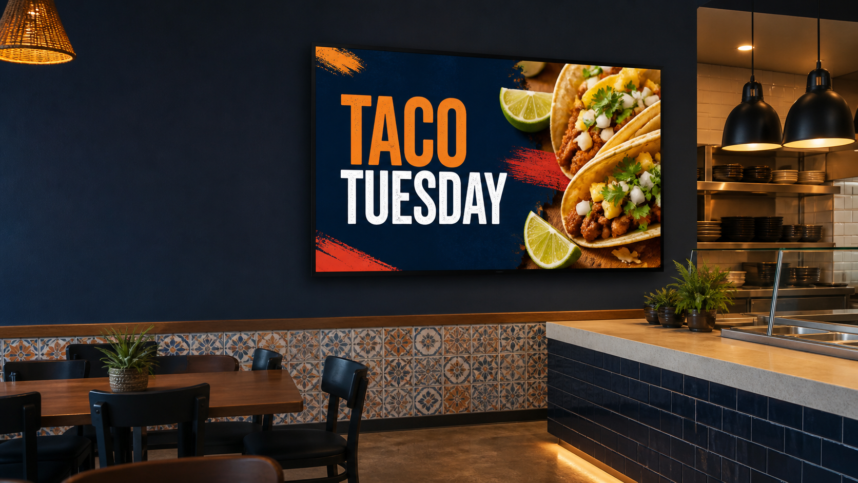 Taco Tuesday digital menu displayed in a restaurant