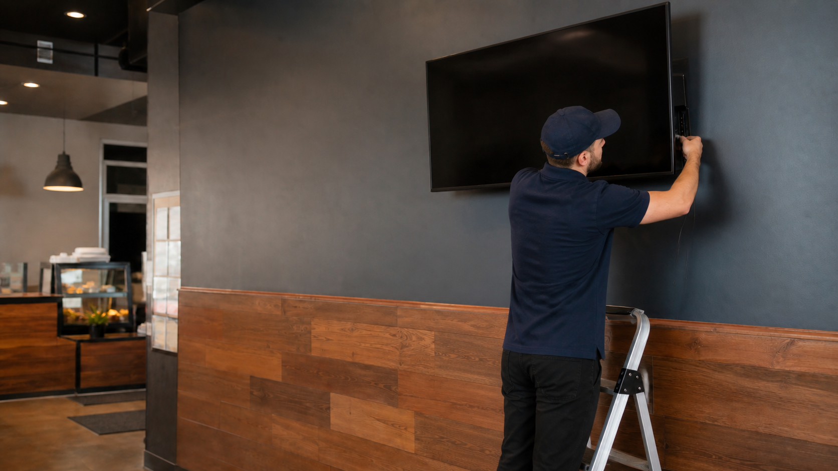 Person swapping a USB drive behind a wall-mounted TV