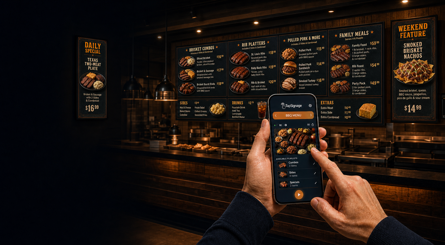 BBQ restaurant with three combo menu TVs, two specials displays, and the TapSignage manager