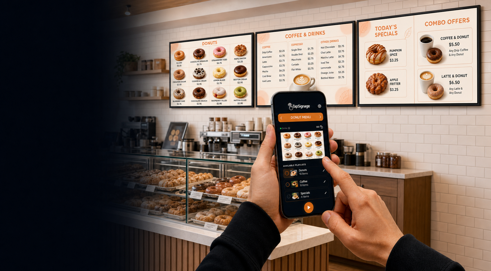 Donut shop with three matching digital menu TVs and the TapSignage manager