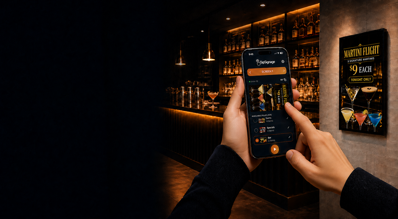 Cocktail bar with Martini Flight artwork on a phone and wall display